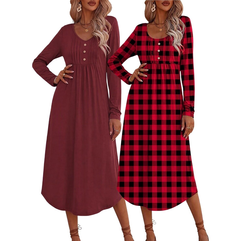 image:imageEkouaer 2 Pack Womens Nightgowns Long Sleeve Long Nightgowns for WomenWine Redblack Red Plaid