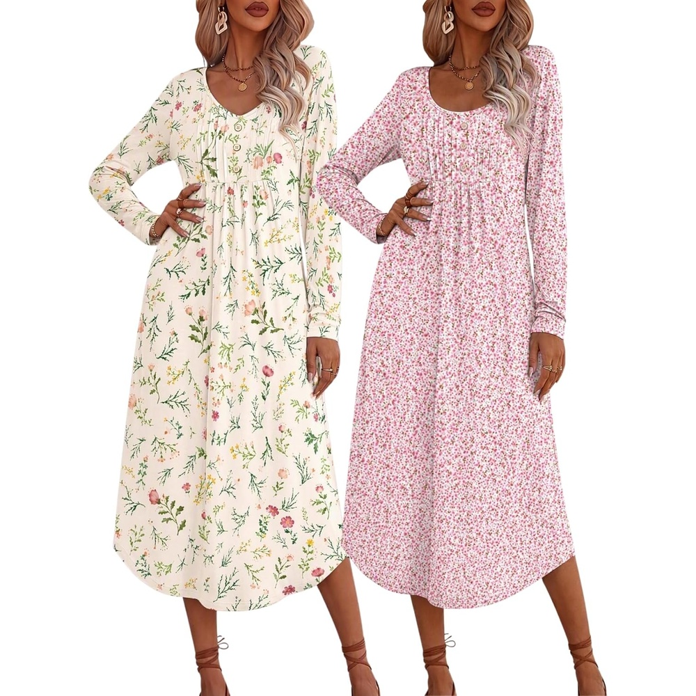 image:imageEkouaer 2 Pack Womens Nightgowns Long Sleeve Long Nightgowns for WomenYellow Flowerpink White Flower