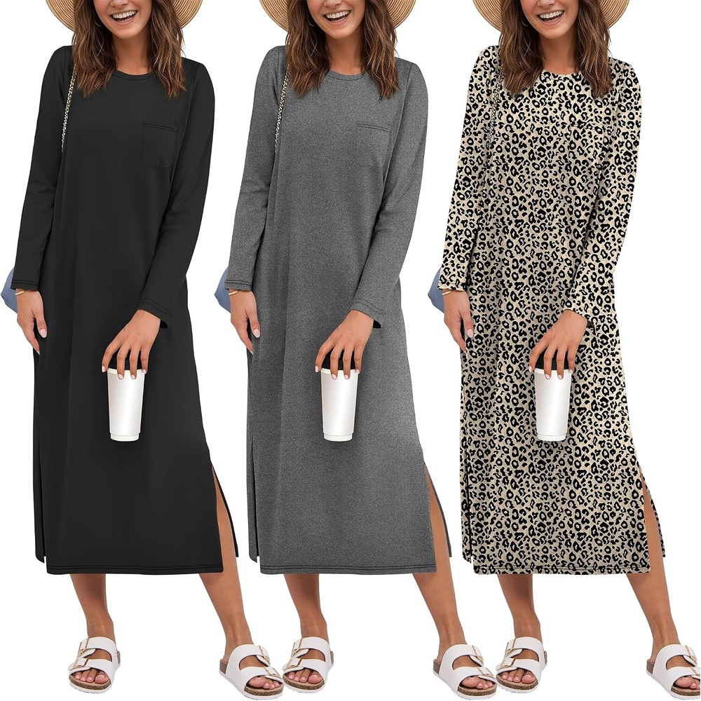 image:imageEkouaer 3 Pack Long Sleeve Full Length Chest Pocket Nightgowns for WomenBlackdeep Grayleopard