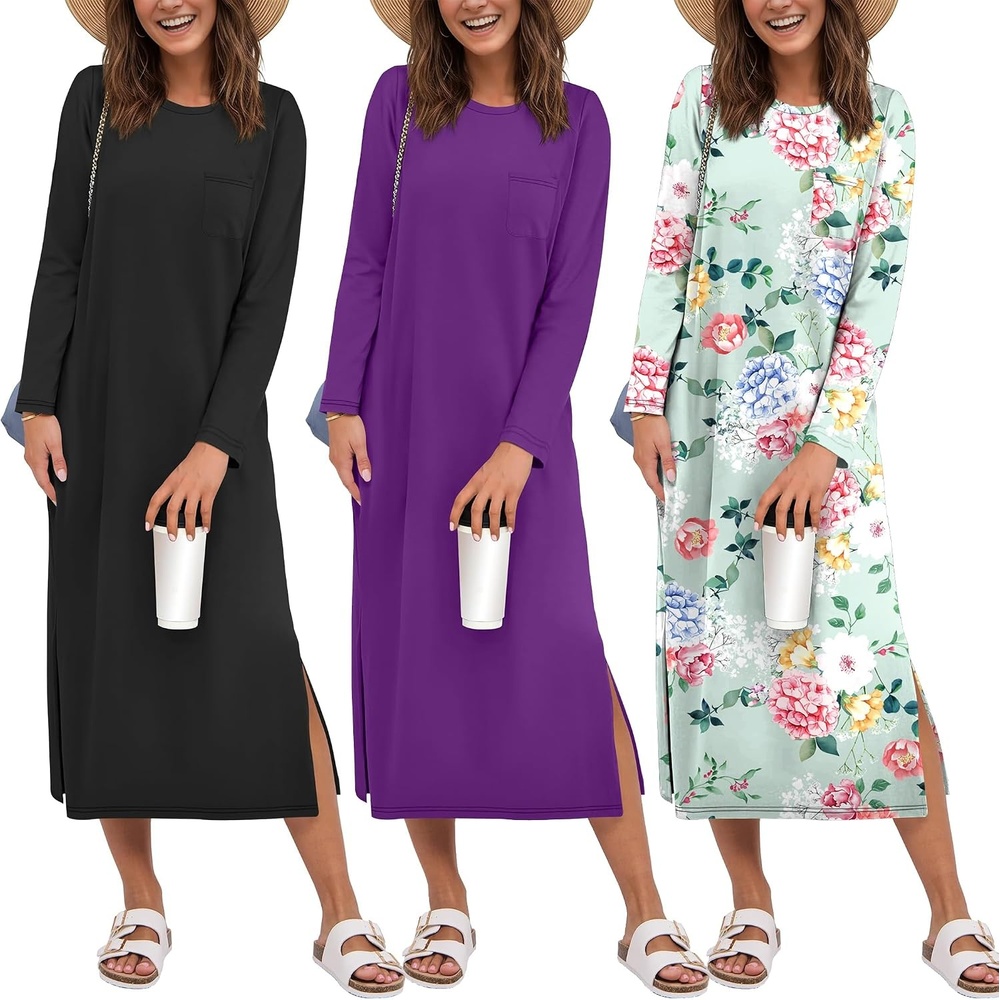 image:imageEkouaer 3 Pack Long Sleeve Full Length Chest Pocket Nightgowns for WomenBlackdeep Purplrgreen Flower