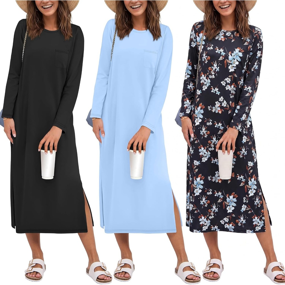 image:imageEkouaer 3 Pack Long Sleeve Full Length Chest Pocket Nightgowns for WomenBlacklight Blueblack Flower