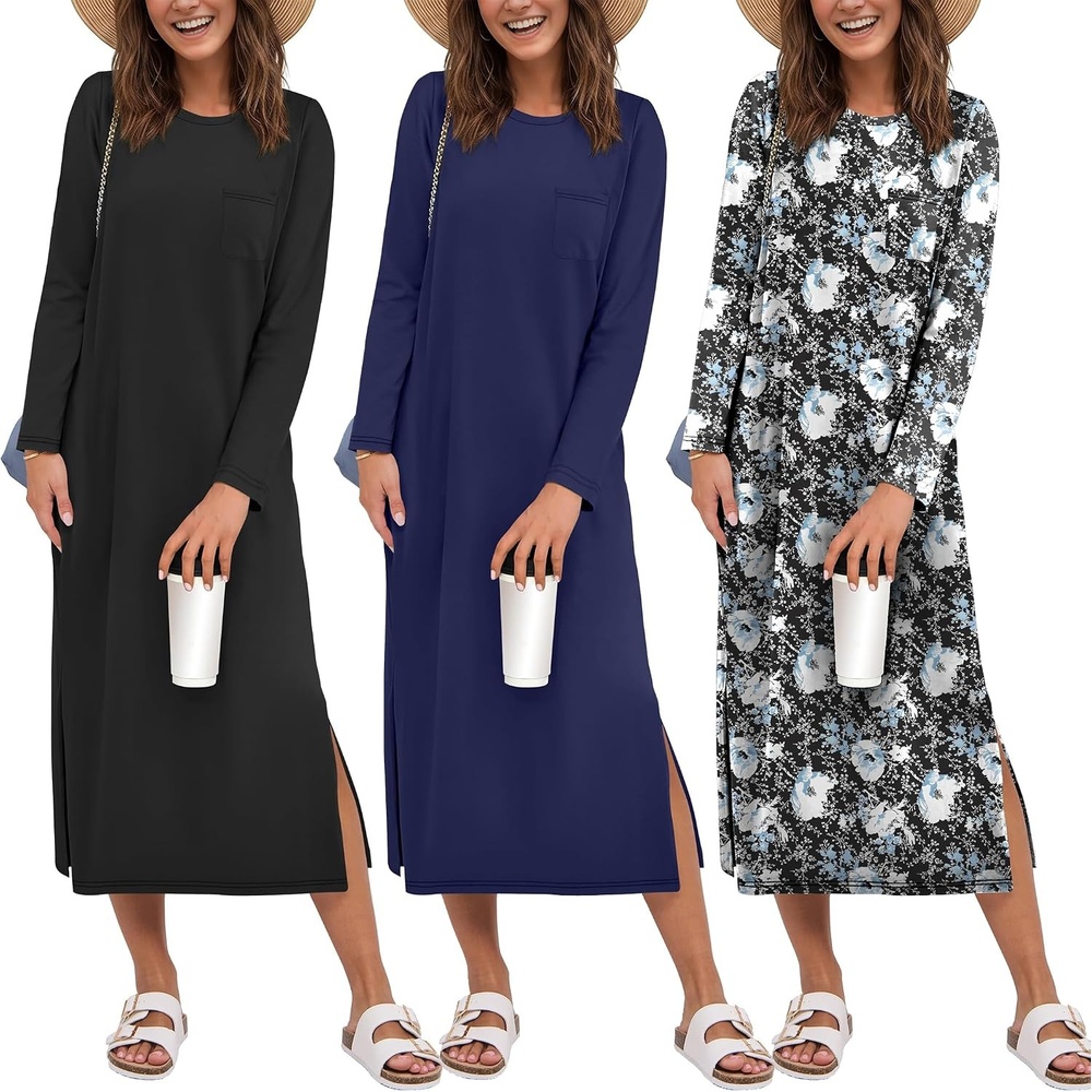 image:imageEkouaer 3 Pack Long Sleeve Full Length Chest Pocket Nightgowns for WomenBlacknavy Blueblack Flower