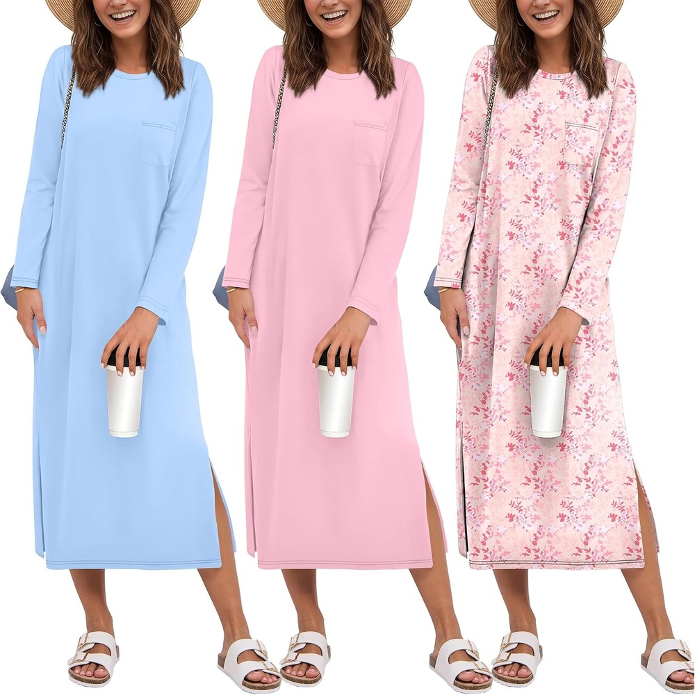 image:imageEkouaer 3 Pack Long Sleeve Full Length Chest Pocket Nightgowns for WomenLight Bluepinkpink Flower
