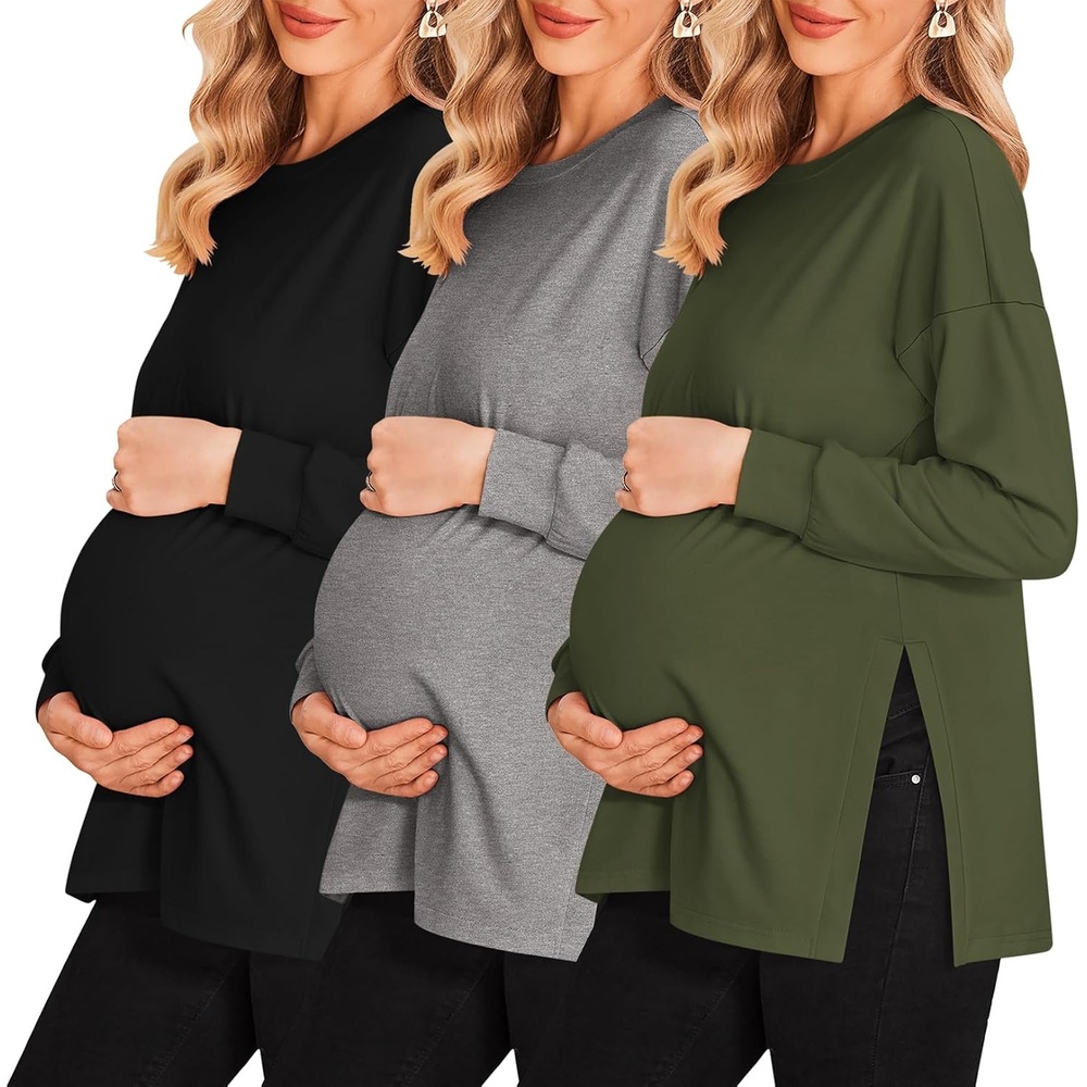 image:imageEkouaer 3 Packs Maternity Shirts Split Side Pregnancy Workout Tops3pcs Black Army Green Grey
