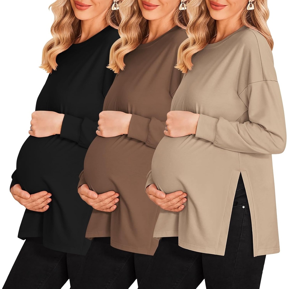 image:imageEkouaer 3 Packs Maternity Shirts Split Side Pregnancy Workout Tops3pcs Black  Brown  Khaki