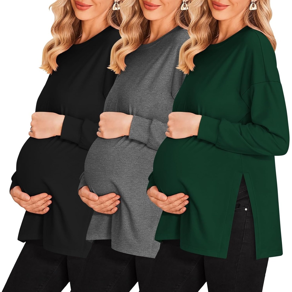 image:imageEkouaer 3 Packs Maternity Shirts Split Side Pregnancy Workout Tops3pcs Black  Dark Grey  Green