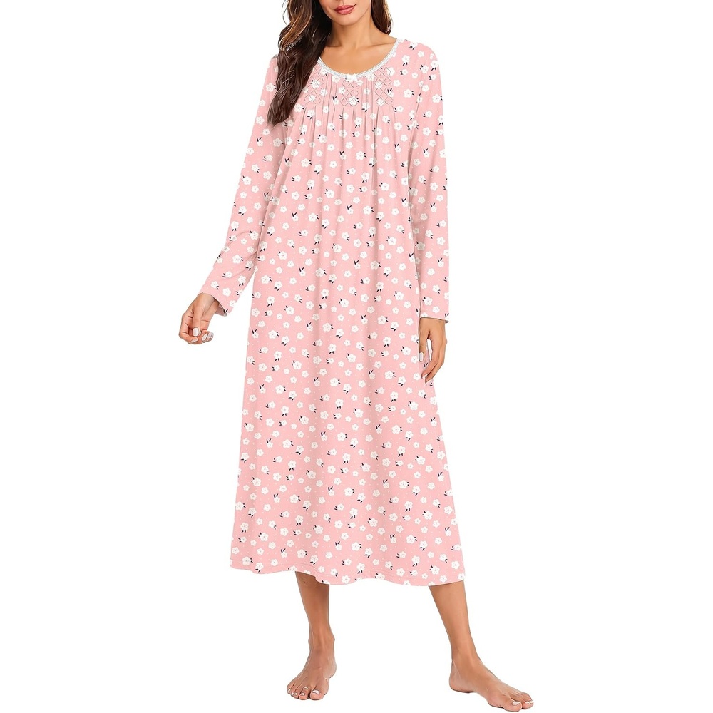 image:imageEkouaer Cotton Nightgowns for Women Long Sleeve Night GownPink White Floral