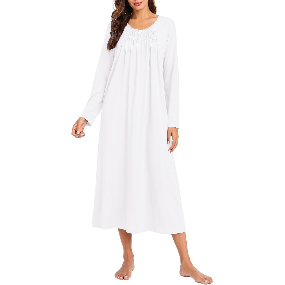 image:imageEkouaer Cotton Nightgowns for Women Long Sleeve Night GownWhite