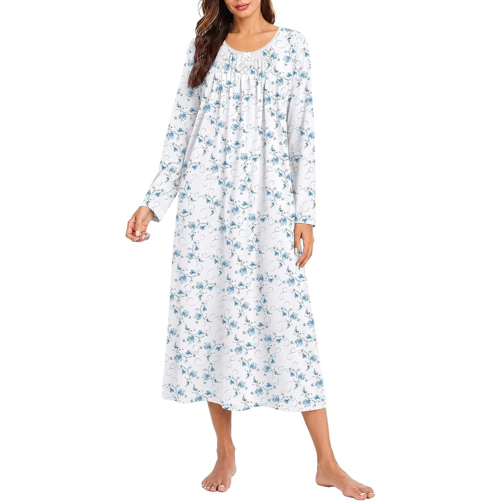 image:imageEkouaer Cotton Nightgowns for Women Long Sleeve Night GownWhite Blue Floral