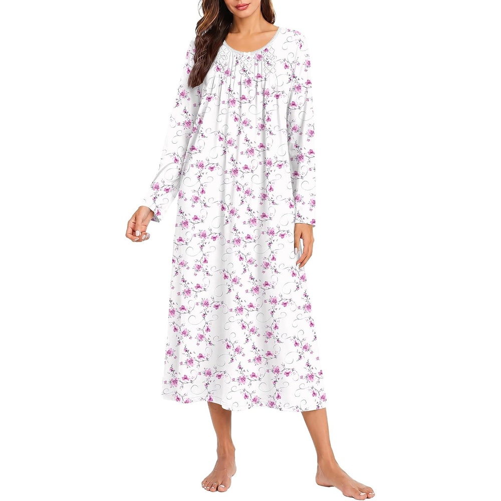 image:imageEkouaer Cotton Nightgowns for Women Long Sleeve Night GownWhite Pink Floral