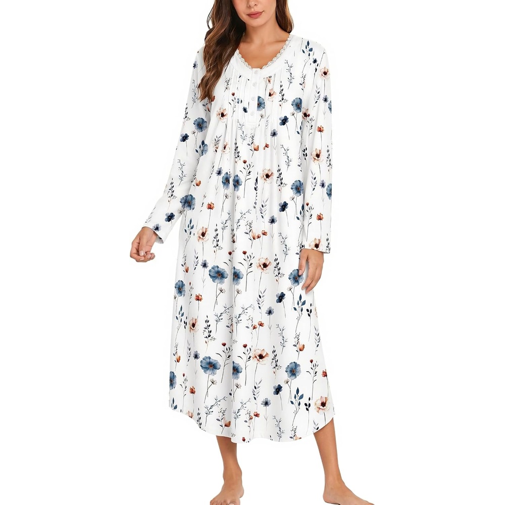 image:imageEkouaer Cotton Nightgowns for Women Long Sleeve Soft Nightgown SleepshirtBlue Khaki Flower
