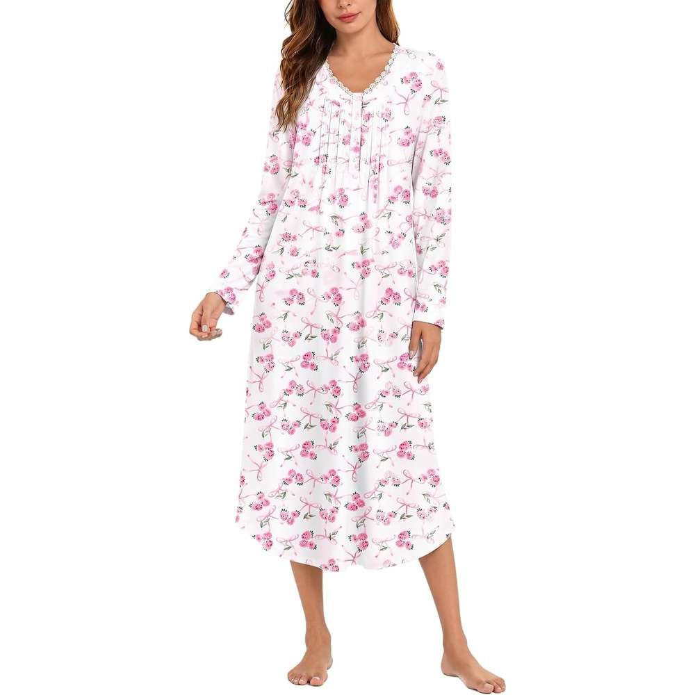 image:imageEkouaer Cotton Nightgowns for Women Long Sleeve Soft Nightgown SleepshirtBowknot Hydrangea