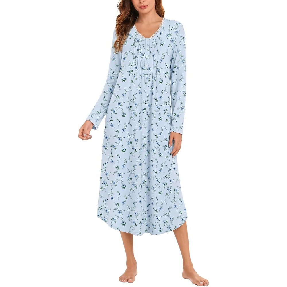 image:imageEkouaer Cotton Nightgowns for Women Long Sleeve Soft Nightgown SleepshirtLight Blue Flower