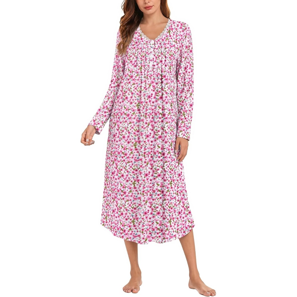 image:imageEkouaer Cotton Nightgowns for Women Long Sleeve Soft Nightgown SleepshirtPink Floral