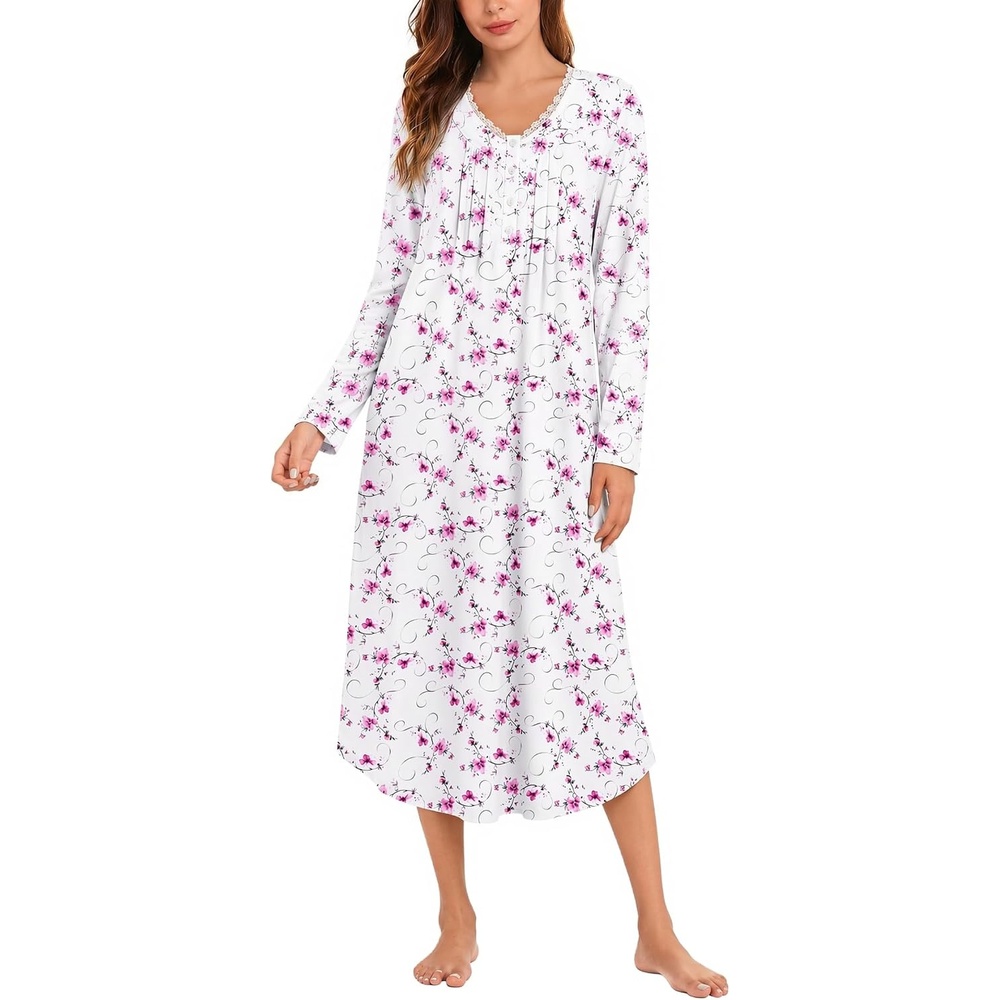 image:imageEkouaer Cotton Nightgowns for Women Long Sleeve Soft Nightgown SleepshirtPink Flower