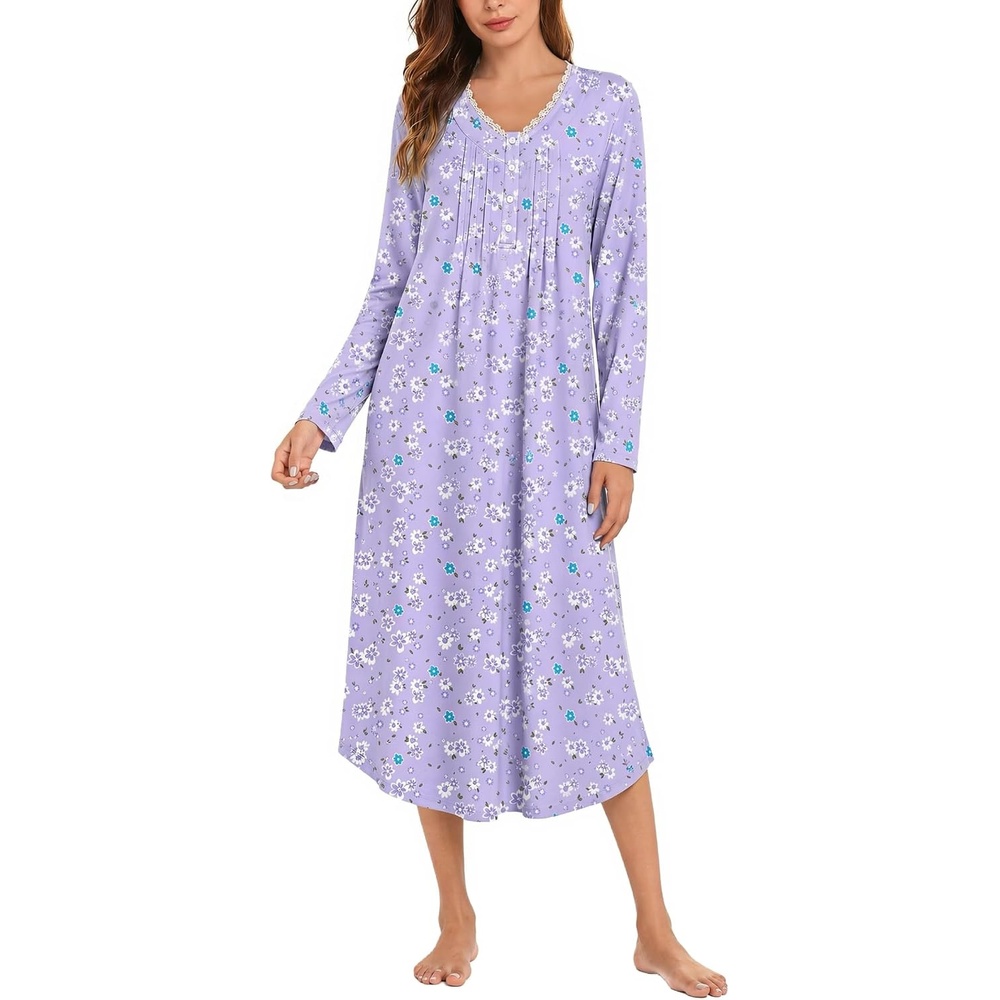 image:imageEkouaer Cotton Nightgowns for Women Long Sleeve Soft Nightgown SleepshirtPurple Floral