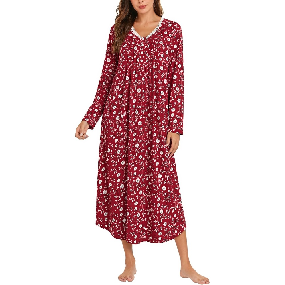 image:imageEkouaer Cotton Nightgowns for Women Long Sleeve Soft Nightgown SleepshirtRed Floral