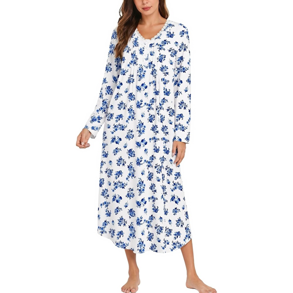 image:imageEkouaer Cotton Nightgowns for Women Long Sleeve Soft Nightgown SleepshirtWhite Blue Flower