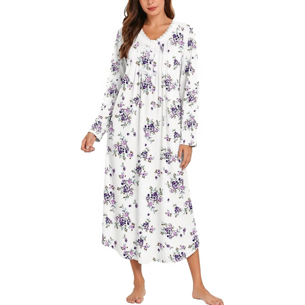 image:imageEkouaer Cotton Nightgowns for Women Long Sleeve Soft Nightgown SleepshirtWhite Purple Floral