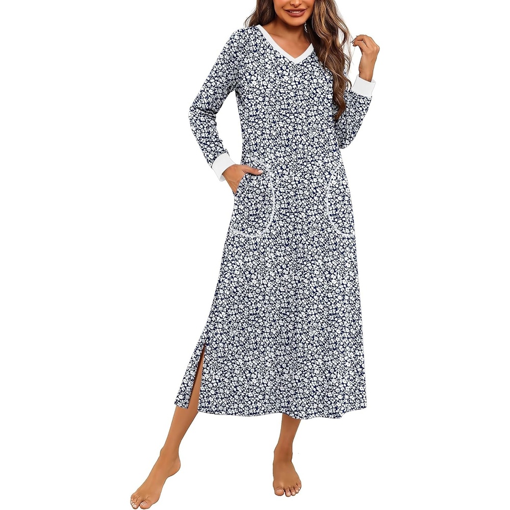 image:imageEkouaer Long Cotton Nightgowns for Women Soft Comfy Sleepshirt with PocketsBlue Floral