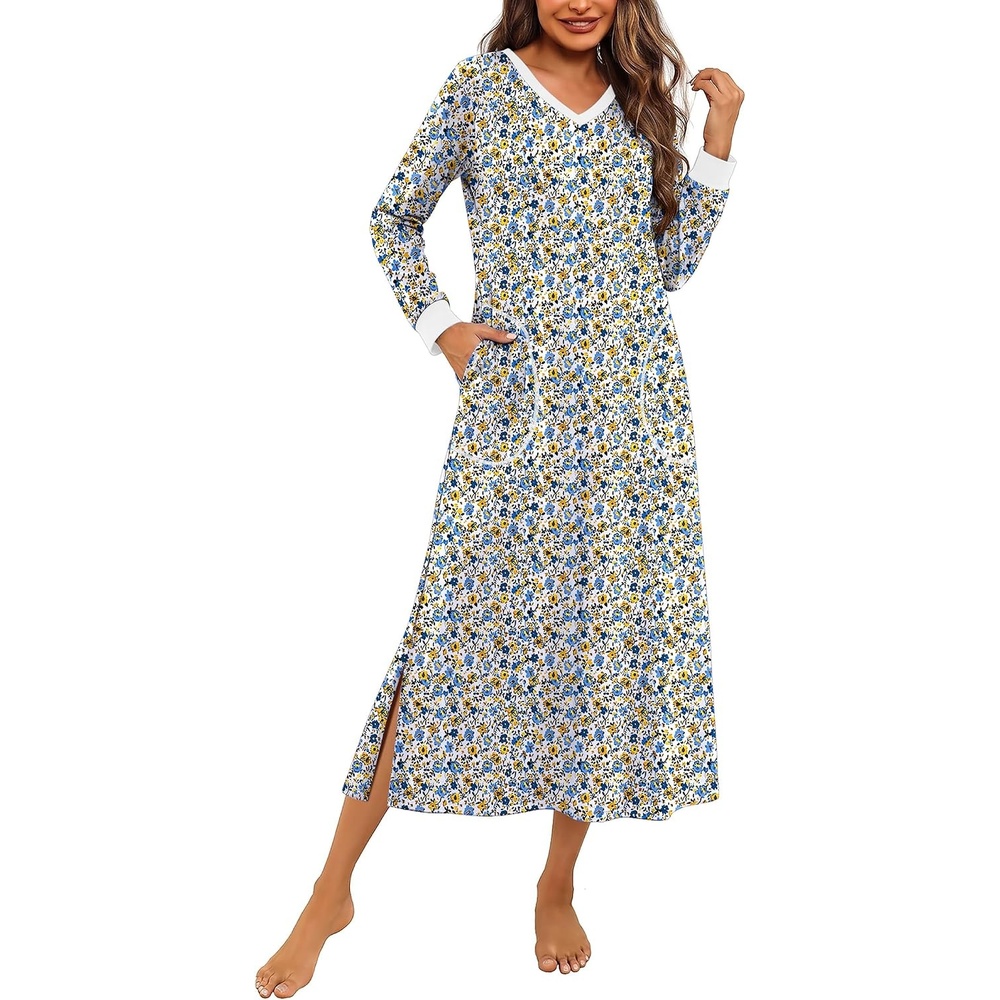image:imageEkouaer Long Cotton Nightgowns for Women Soft Comfy Sleepshirt with PocketsWhite Daisy Floral