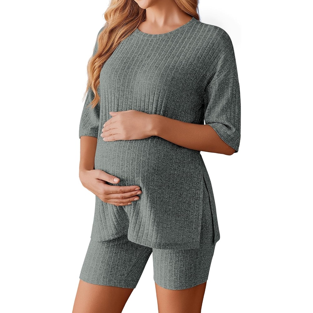 image:imageEkouaer Maternity Sets Two Piece Outfits Ribbed Pregnancy LoungewearDark Army
