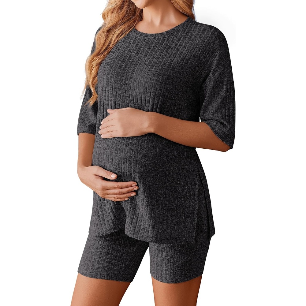 image:imageEkouaer Maternity Sets Two Piece Outfits Ribbed Pregnancy LoungewearDark Grey