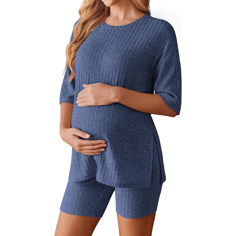 image:imageEkouaer Maternity Sets Two Piece Outfits Ribbed Pregnancy LoungewearNavy