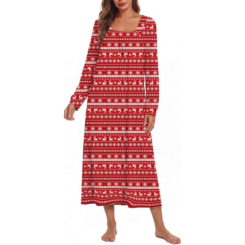 image:imageEkouaer Womens Cotton Nightgown Long Sleeve Sleepshirt Long Sleep DressChristmas Red