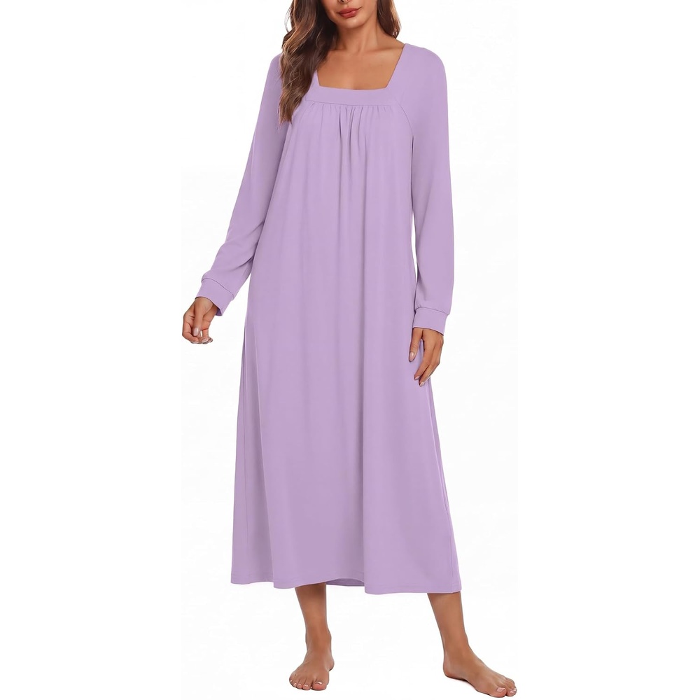 image:imageEkouaer Womens Cotton Nightgown Long Sleeve Sleepshirt Long Sleep DressLight Purple
