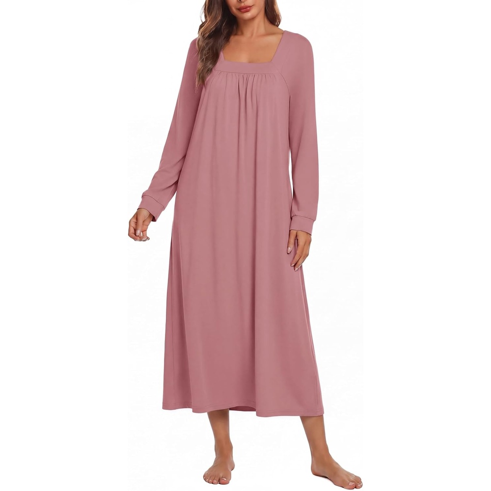 image:imageEkouaer Womens Cotton Nightgown Long Sleeve Sleepshirt Long Sleep DressPink