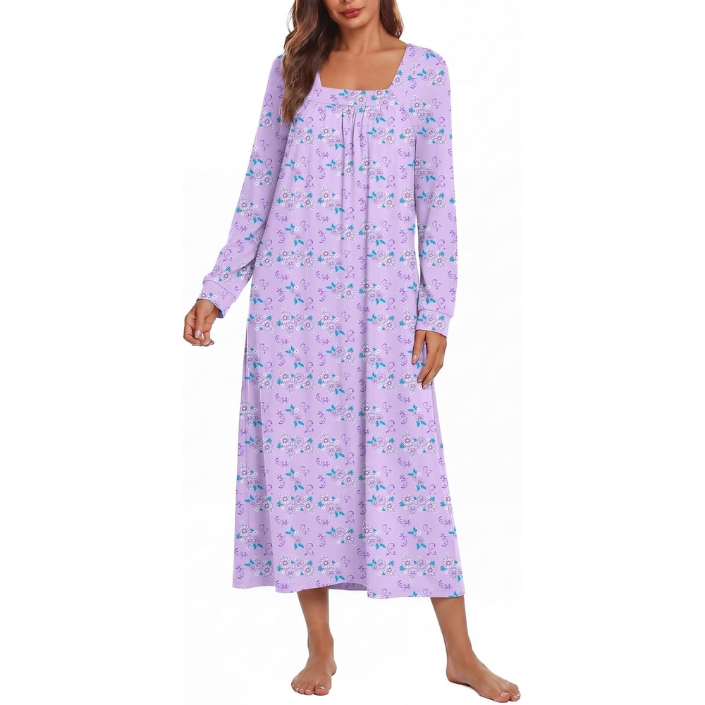 image:imageEkouaer Womens Cotton Nightgown Long Sleeve Sleepshirt Long Sleep DressPurple Floral