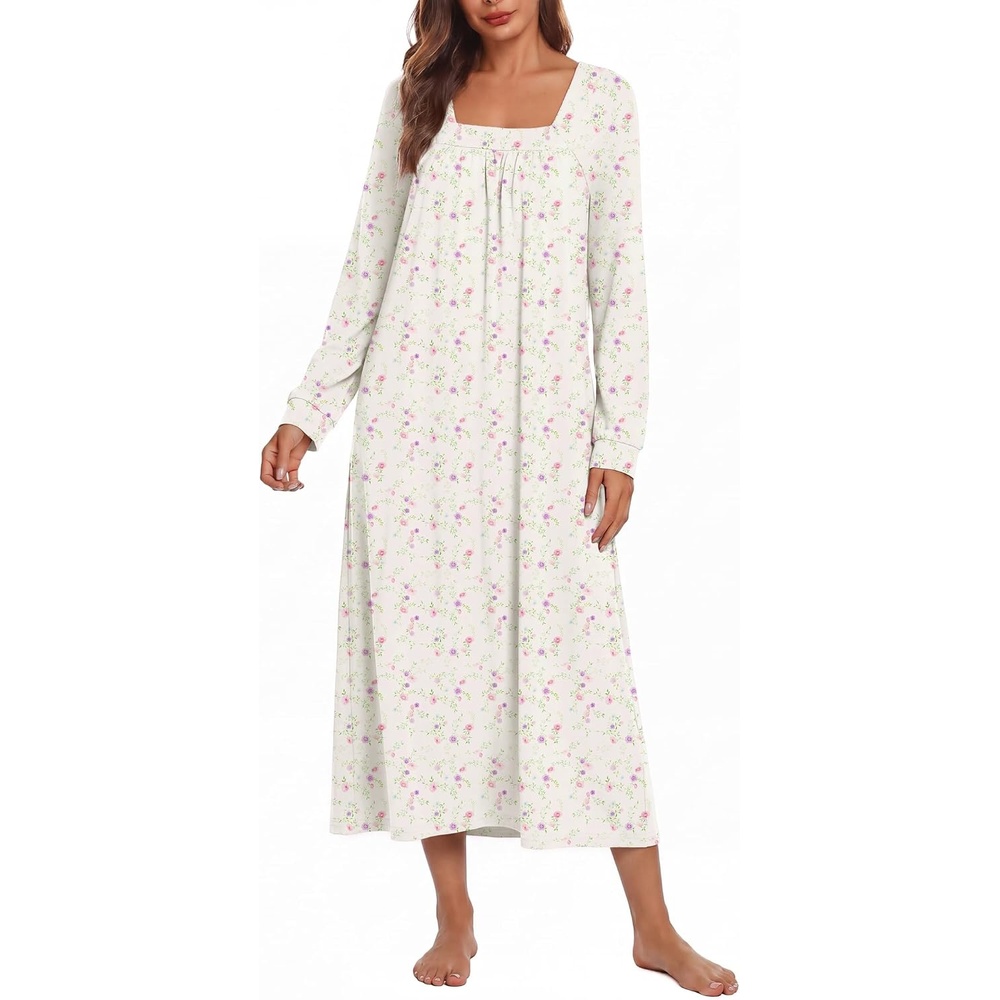 image:imageEkouaer Womens Cotton Nightgown Long Sleeve Sleepshirt Long Sleep DressWhite Floral
