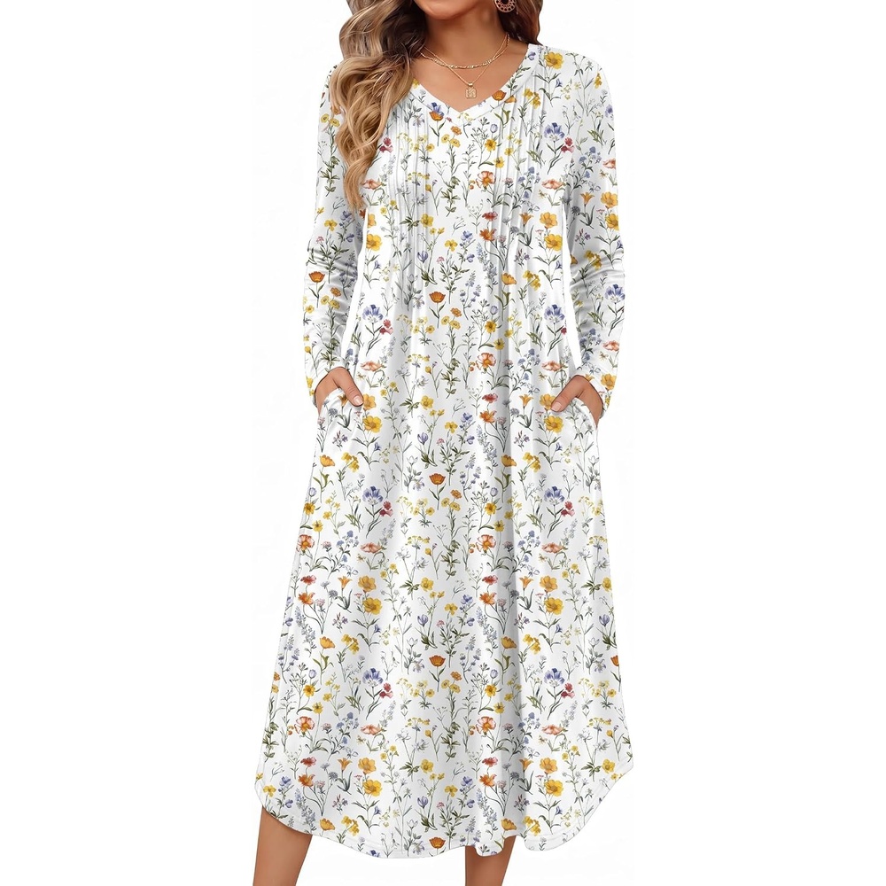 image:imageEkouaer Womens Long Sleeve Nightgown Long Sleepshirt Pleated Sleep DressFlower White