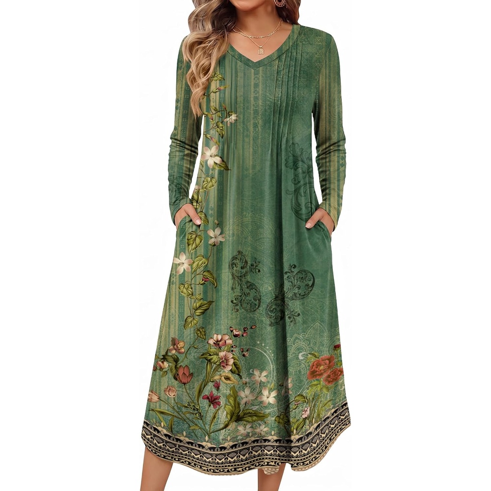 image:imageEkouaer Womens Long Sleeve Nightgown Long Sleepshirt Pleated Sleep DressGreen Floral