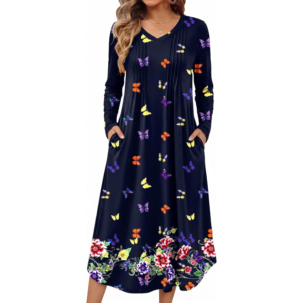 image:imageEkouaer Womens Long Sleeve Nightgown Long Sleepshirt Pleated Sleep DressNavy Blue Butterfly