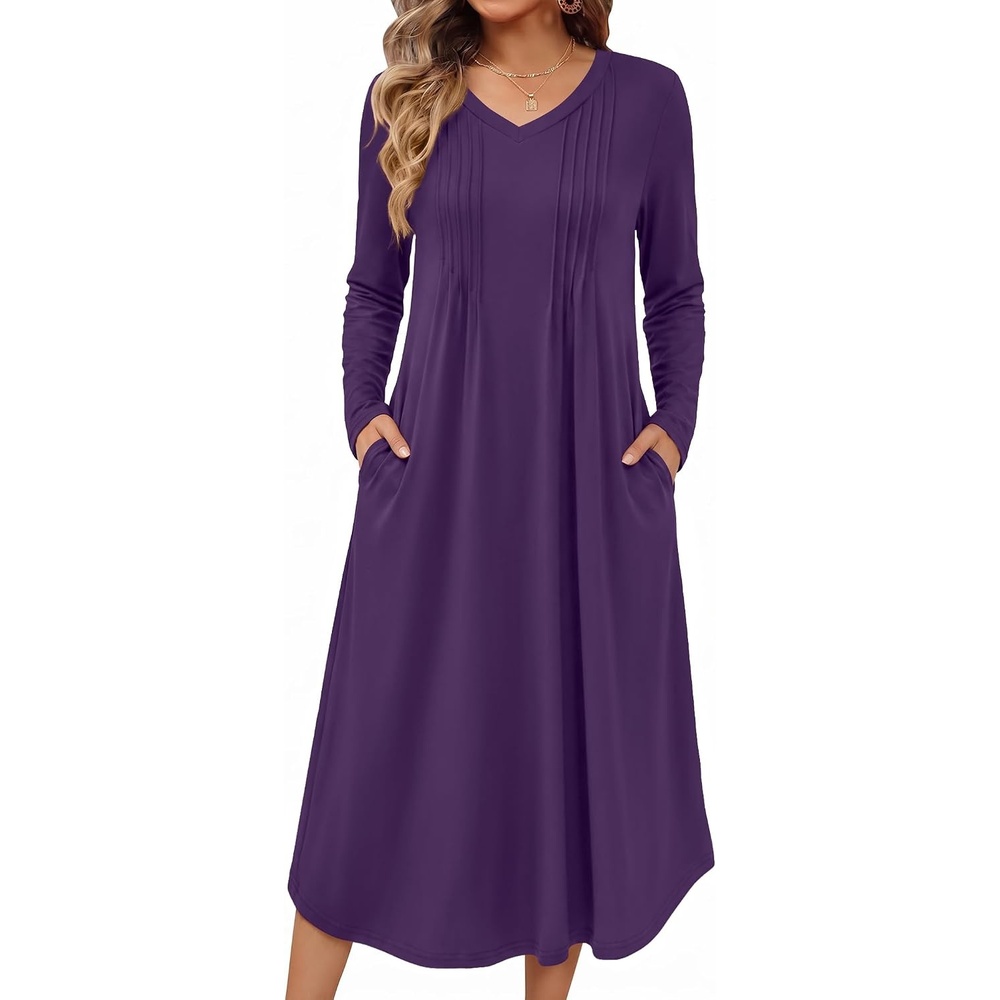 image:imageEkouaer Womens Long Sleeve Nightgown Long Sleepshirt Pleated Sleep DressPurple