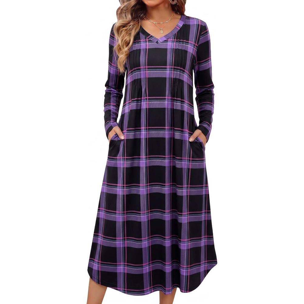 image:imageEkouaer Womens Long Sleeve Nightgown Long Sleepshirt Pleated Sleep DressPurple Black Plaid