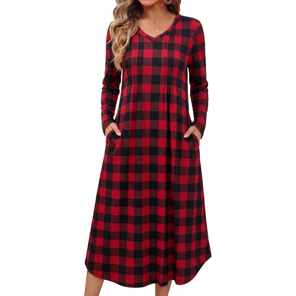 image:imageEkouaer Womens Long Sleeve Nightgown Long Sleepshirt Pleated Sleep DressRed Black Plaid