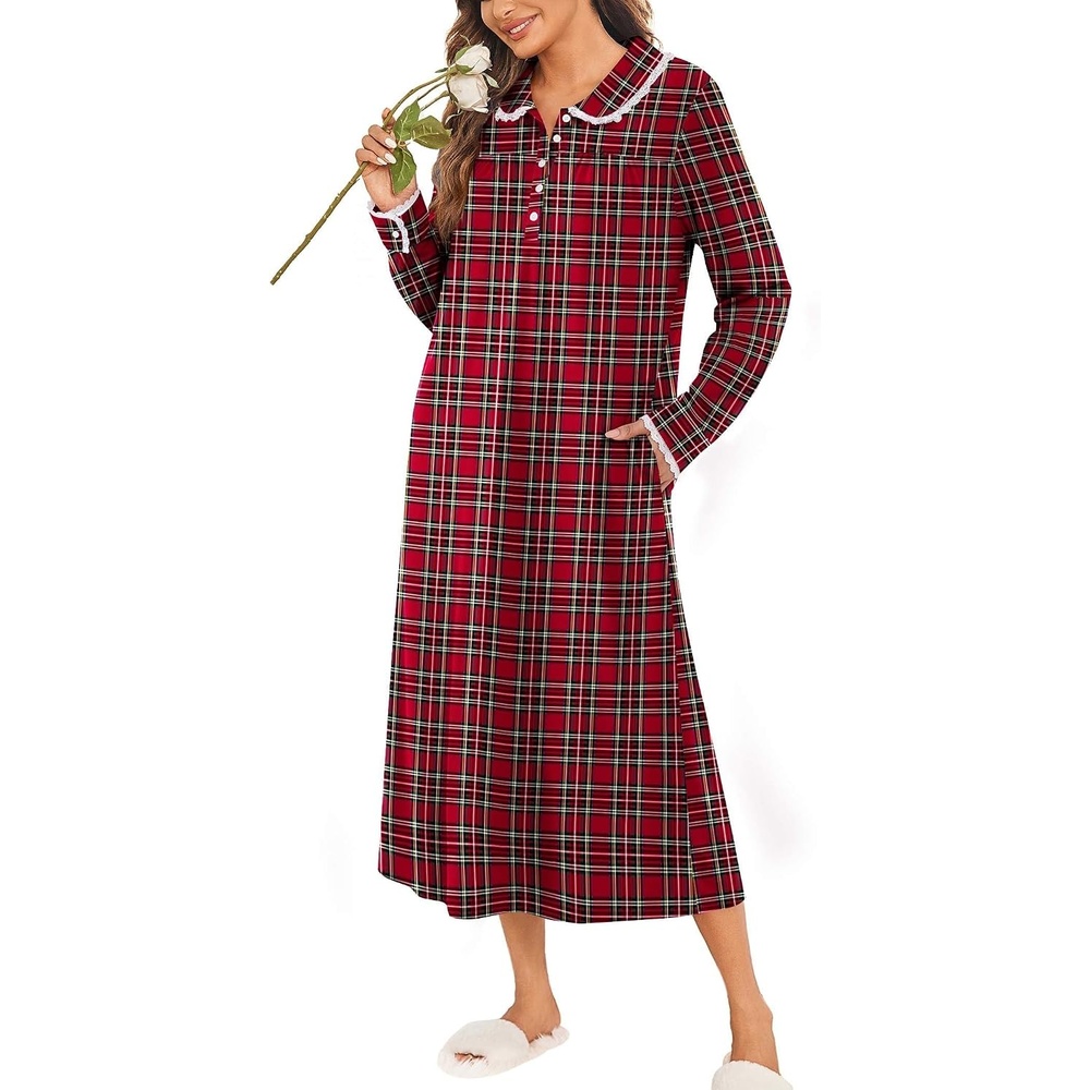 image:imageEkouaer Womens Long Sleeve Nightgowns Christmas Nightgown Henley House CoatApple Red Plaid