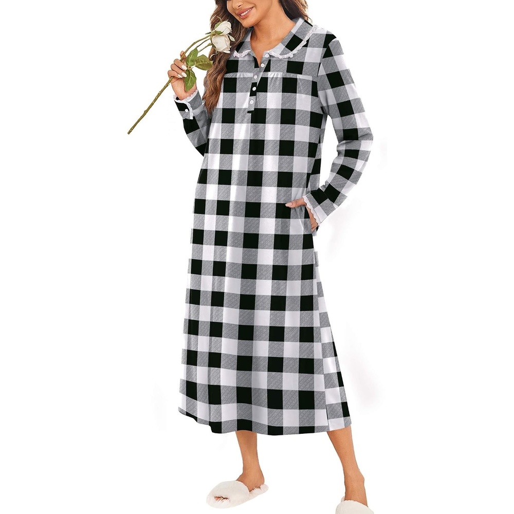 image:imageEkouaer Womens Long Sleeve Nightgowns Christmas Nightgown Henley House CoatBlack and White Plaid