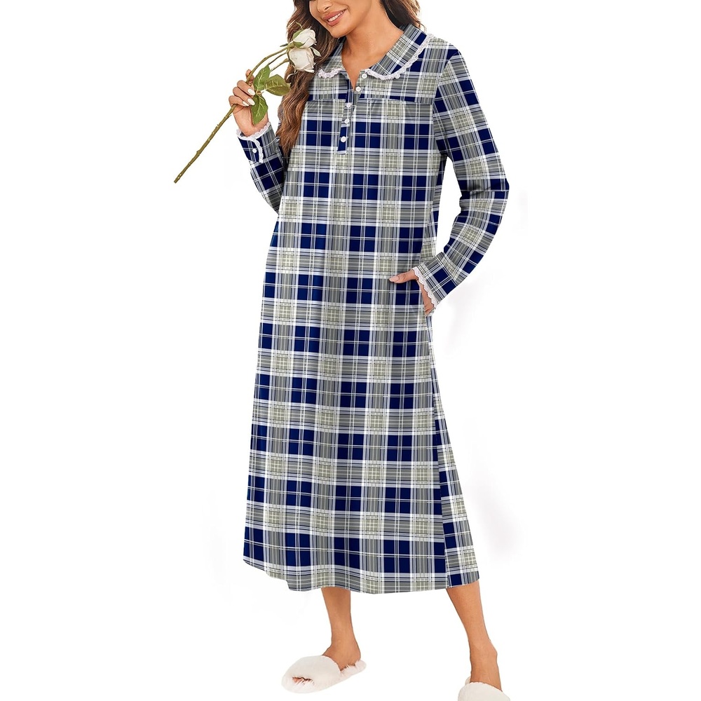 image:imageEkouaer Womens Long Sleeve Nightgowns Christmas Nightgown Henley House CoatBlue and Grey Plaid
