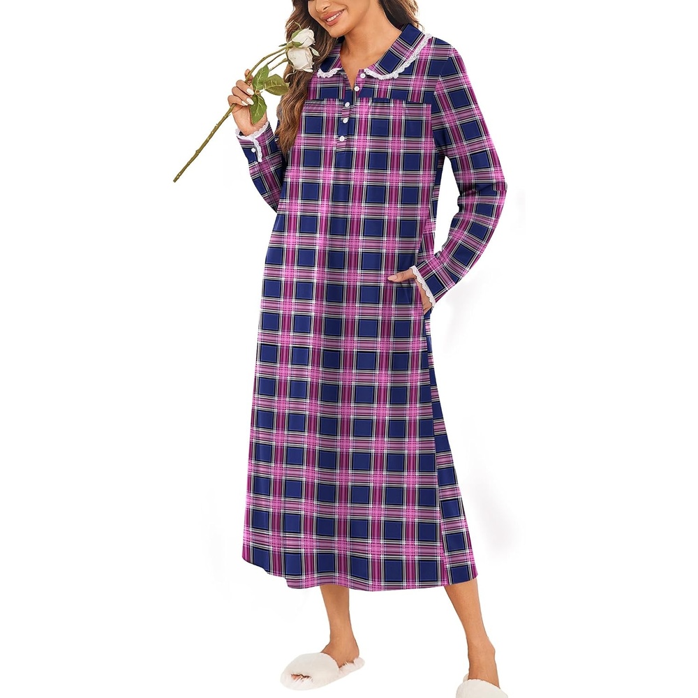 image:imageEkouaer Womens Long Sleeve Nightgowns Christmas Nightgown Henley House CoatBlue and Purple Plaid