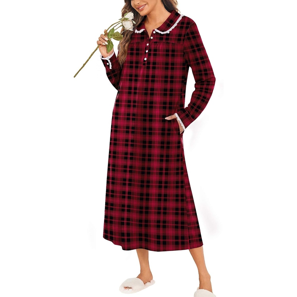 image:imageEkouaer Womens Long Sleeve Nightgowns Christmas Nightgown Henley House CoatRed Plaid
