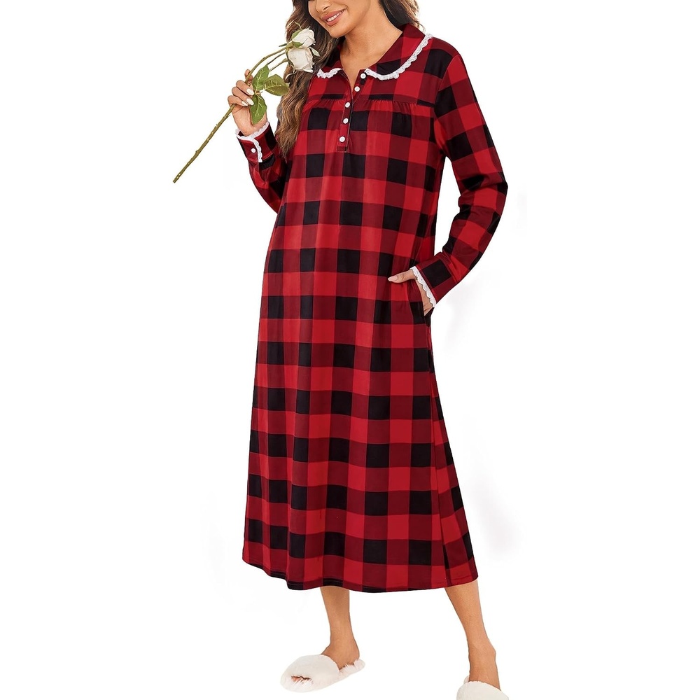 image:imageEkouaer Womens Long Sleeve Nightgowns Christmas Nightgown Henley House CoatRed and Black Plaid