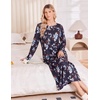 Ekouaer 3 Pack Long Sleeve Full Length Chest Pocket Nightgowns for Women(Black&light Blue&black Flower)