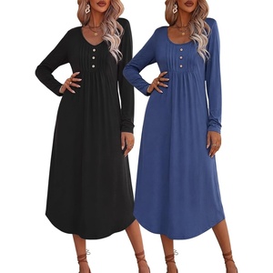 Ekouaer 2 Pack Women’s Nightgowns Long Sleeve Long Nightgowns for Women(Black+navy Blue)