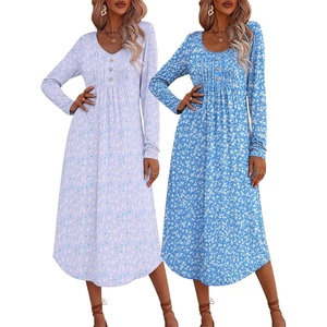 Ekouaer 2 Pack Women’s Nightgowns Long Sleeve Long Nightgowns for Women(Purple Flower+blue Flower)