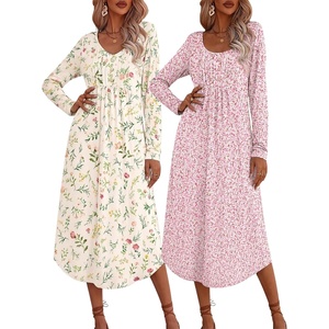 Ekouaer 2 Pack Women’s Nightgowns Long Sleeve Long Nightgowns for Women(Yellow Flower+pink White Flower)