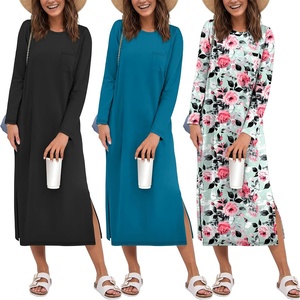 Ekouaer 3 Pack Long Sleeve Full Length Chest Pocket Nightgowns for Women(Black&deep Blue&pink Flower)